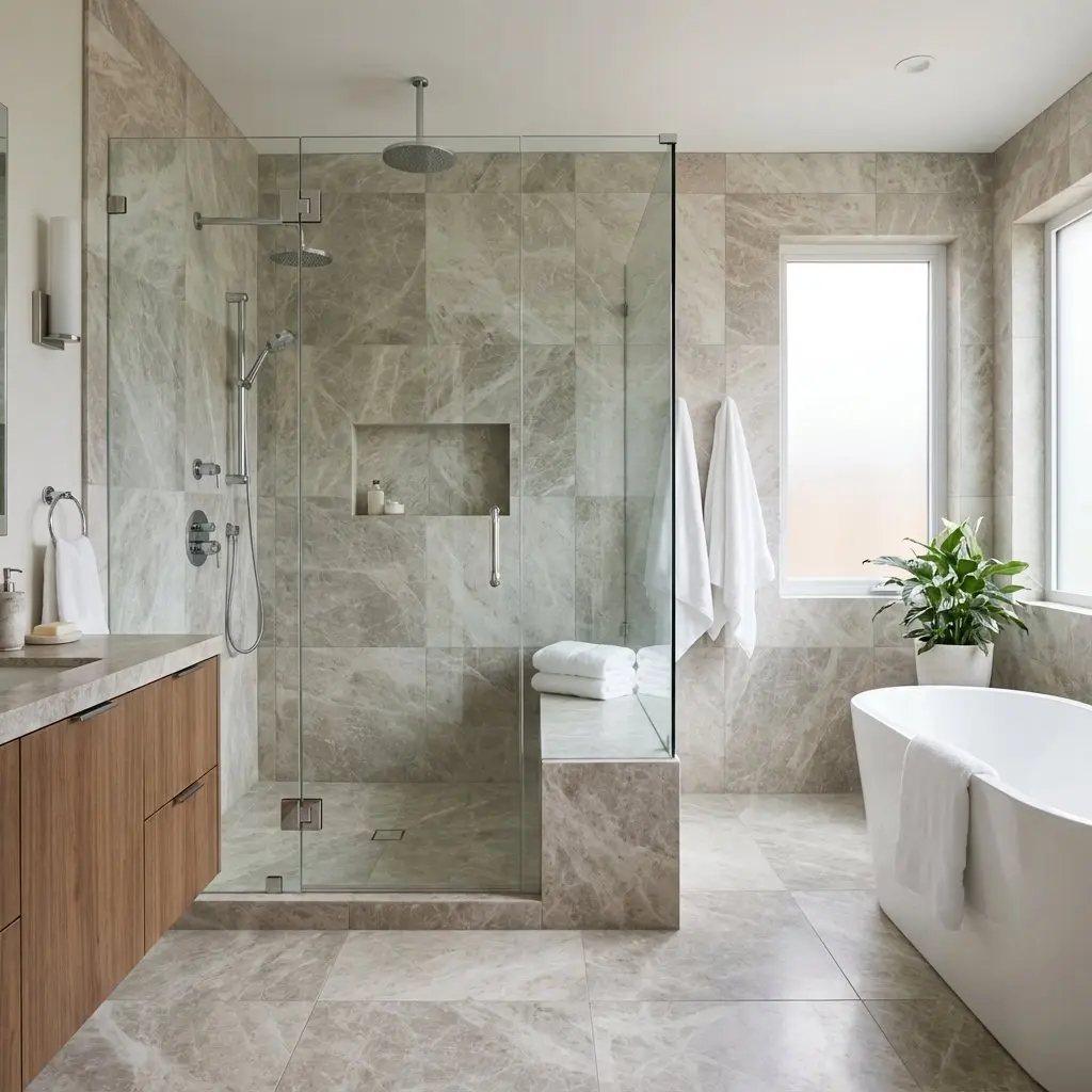 Renovated Houston bathroom featuring a frameless glass walk-in shower and custom tile work