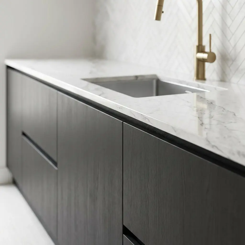 Remodeled Houston kitchen with white custom cabinetry, quartz countertops and a large island